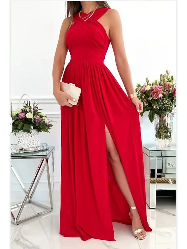 Women's Party Dress Wedding Guest Dress Long Dress Maxi Dress Wine Red Beige Sleeveless Pure Color Backless Spring Summer Halter Neck 2023 S M L XL XXL 4 Women's Party Dress Wedding Guest Dress Long Dress Maxi Dress Wine Red Beige Sleeveless Pure Color Backless Spring Summer Halter Neck 2023 S M L XL XXL - Image 2
