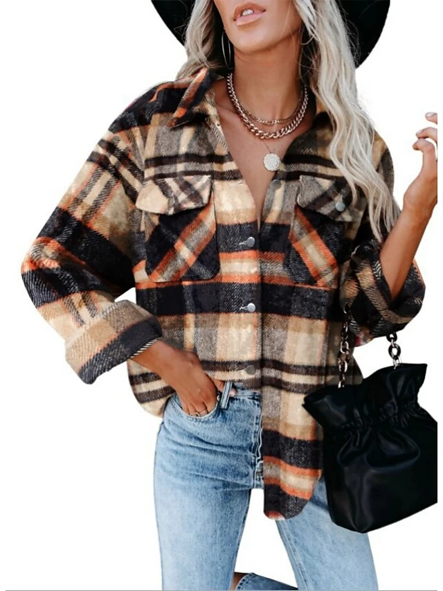 Women's Blouse Shacket Pink Red Blue Plaid Button Pocket Print Long Sleeve Casual Fashion Shirt Collar Regular Fit Spring &Fall 16 Women's Blouse Shacket Pink Red Blue Plaid Button Pocket Print Long Sleeve Casual Fashion Shirt Collar Regular Fit Spring &Fall - Image 14