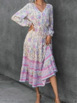 Women's Casual Dress Swing Dress Print Dress Floral Print Drawstring Print V Neck Midi Dress Active Fashion Outdoor Daily Long Sleeve Regular Fit Pink Spring Fall S M L XL -LIGHTINTHEBOX Shop bpgeap1692959231379