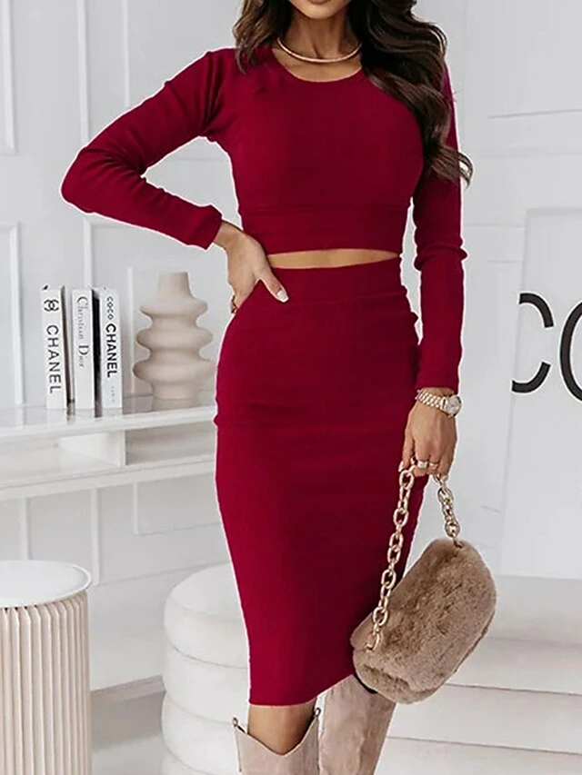 Women's Two Piece Dress Set Casual Dress Skirt Set Outdoor Daily Fashion Sexy Ribbed Midi Dress Crew Neck Long Sleeve Plain Regular Fit Black Wine Green Fall Winter S M L XL 5 Women's Two Piece Dress Set Casual Dress Skirt Set Outdoor Daily Fashion Sexy Ribbed Midi Dress Crew Neck Long Sleeve Plain Regular Fit Black Wine Green Fall Winter S M L XL - Image 3