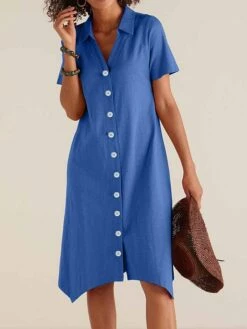 Women's Shirt Dress Casual Dress Cotton Linen Dress Midi Dress Polyester Classic Casual Outdoor Daily Vacation Split Neck Button Short Sleeve Summer Spring 2023 Loose Fit Black Blue Plain S M L XL 2XL -LIGHTINTHEBOX Shop bpxtvr1691040684238