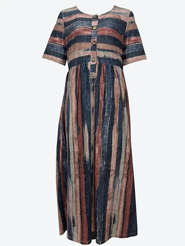 Women's Casual Dress Summer Dress Print Dress Stripe Button Pocket Crew Neck Midi Dress Active Fashion Outdoor Daily Half Sleeve Regular Fit Blue Summer Spring S M L XL XXL 5 Women's Casual Dress Summer Dress Print Dress Stripe Button Pocket Crew Neck Midi Dress Active Fashion Outdoor Daily Half Sleeve Regular Fit Blue Summer Spring S M L XL XXL - Image 3
