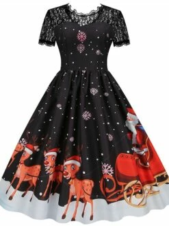 Women's Christmas Swing Dress Vintage DressKnee Length Dress Green Wine Dark Green Fuchsia Red Black Short Sleeve Santa Claus Snowman Snowflake Lace Print Fall Winter V Neck Vacation Vintage 2022 S -LIGHTINTHEBOX Shop bqwwqy1665293370781