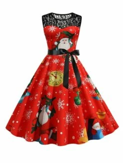 Women‘s Christmas Retro 1950s Vintage Dress Midi Dress Party Patchwork Bow Santa Claus Crew Neck Sleeveless Regular Fit Fall Winter 2023 Black Wine S M L XL -LIGHTINTHEBOX Shop bqyvxa1694501410458