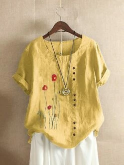 Women's Shirt Blouse White Yellow Pink Flower Patchwork Short Sleeve Casual Daily Vintage Casual Round Neck Regular Cotton Floral M 12 Women's Shirt Blouse White Yellow Pink Flower Patchwork Short Sleeve Casual Daily Vintage Casual Round Neck Regular Cotton Floral M -LIGHTINTHEBOX Shop brkirv1654584444379