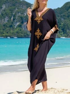 Women's Cover Up Beach Wear Long Dress Maxi Dress Print Basic Casual Floral V Neck Half Sleeve Vacation Going Out Black White 2023 Summer Spring One Size -LIGHTINTHEBOX Shop btovnv1684476463877