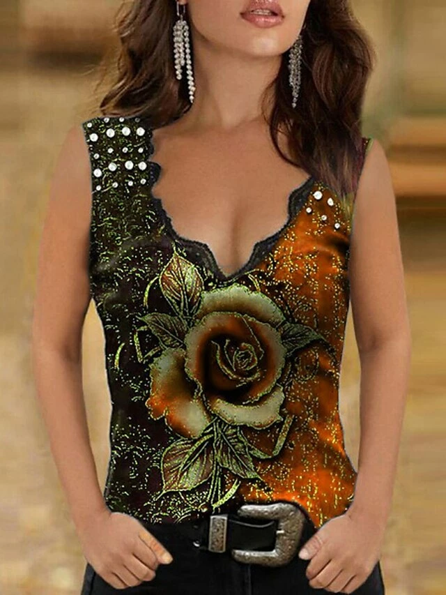 Women's Shirt Tank Top Red Blue Purple Flower Lace Trims Print Sleeveless Daily Weekend Casual V Neck Regular Fit Floral 4 Women's Shirt Tank Top Red Blue Purple Flower Lace Trims Print Sleeveless Daily Weekend Casual V Neck Regular Fit Floral - Image 2