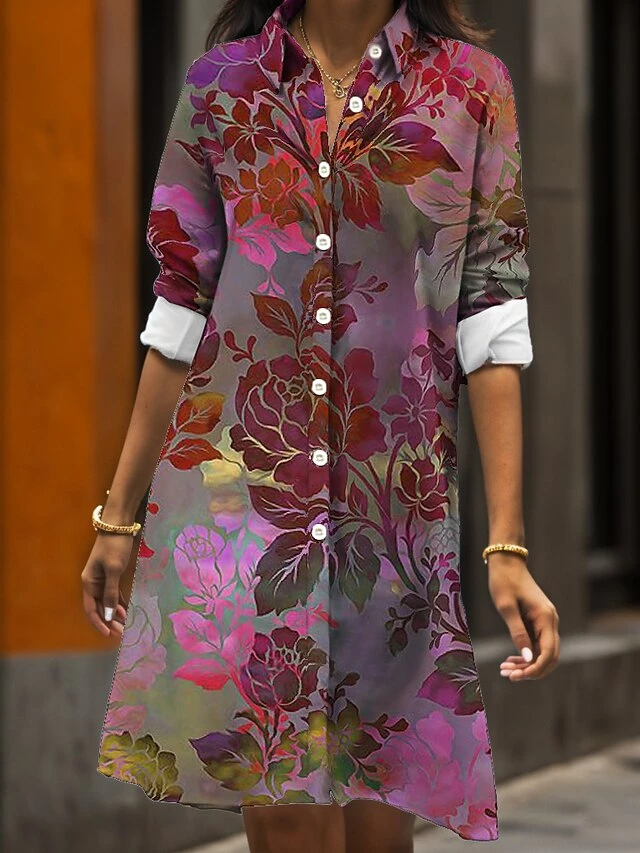 Women's Shirt Dress Casual Dress Midi Dress Outdoor Daily Date Polyester Fashion Modern Shirt Collar Button Pocket Long Sleeve Fall Winter 2023 Loose Fit ArmyGreen Rusty Red Lavender Floral S M L XL 4 Women's Shirt Dress Casual Dress Midi Dress Outdoor Daily Date Polyester Fashion Modern Shirt Collar Button Pocket Long Sleeve Fall Winter 2023 Loose Fit ArmyGreen Rusty Red Lavender Floral S M L XL - Image 2