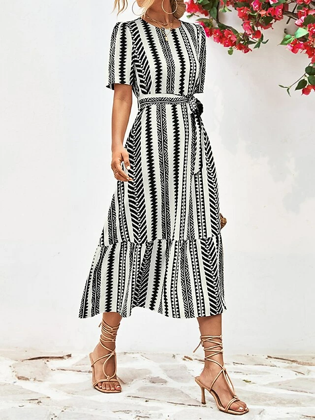 Women's Casual Dress A Line Dress Summer Dress Stripe Lace Up Print Crew Neck Midi Dress Fashion Streetwear Outdoor Street Short Sleeve Regular Fit Black Yellow Summer Spring S M L XL 5 Women's Casual Dress A Line Dress Summer Dress Stripe Lace Up Print Crew Neck Midi Dress Fashion Streetwear Outdoor Street Short Sleeve Regular Fit Black Yellow Summer Spring S M L XL - Image 3