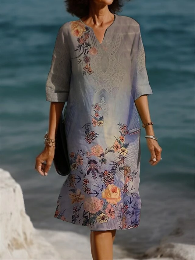 Women's Casual Dress Summer Dress Print Dress Floral Print V Neck Mini Dress Fashion Streetwear Outdoor Daily 3/4 Length Sleeve Loose Fit Yellow Blue Purple Summer Spring S M L XL XXL 6 Women's Casual Dress Summer Dress Print Dress Floral Print V Neck Mini Dress Fashion Streetwear Outdoor Daily 3/4 Length Sleeve Loose Fit Yellow Blue Purple Summer Spring S M L XL XXL - Image 4