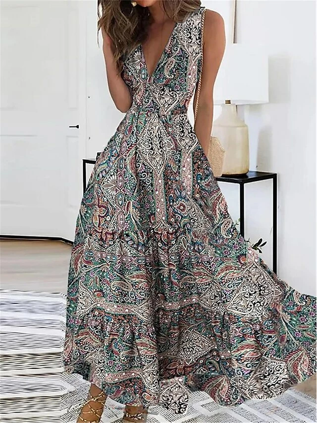 Women's Casual Dress Ethnic Dress Swing Dress Floral Paisley Pocket Print V Neck Long Dress Maxi Dress Vintage Ethnic Outdoor Daily Sleeveless Regular Fit Light Green Red Purple Summer Spring S M L 5 Women's Casual Dress Ethnic Dress Swing Dress Floral Paisley Pocket Print V Neck Long Dress Maxi Dress Vintage Ethnic Outdoor Daily Sleeveless Regular Fit Light Green Red Purple Summer Spring S M L - Image 3