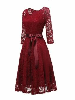 Women‘s Vintage Tea Dresses Party Dress Lace Dress Homecoming Dress Knee Length Dress Pink Wine Navy Blue 3/4 Length Sleeve Pure Color Lace Summer Spring Fall V Neck Classic Winter Dress -LIGHTINTHEBOX Shop bvwzja1600920041626