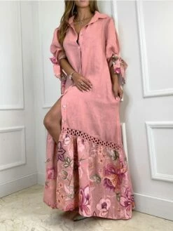 Women's Shirt Dress Casual Dress Shift Dress Long Dress Maxi Dress White Yellow Pink 3/4 Length Sleeve Floral Split Summer Spring Shirt Collar Fashion Loose Fit 2023 S M L XL 2XL 3XL 4XL -LIGHTINTHEBOX Shop bvypac1672050943205