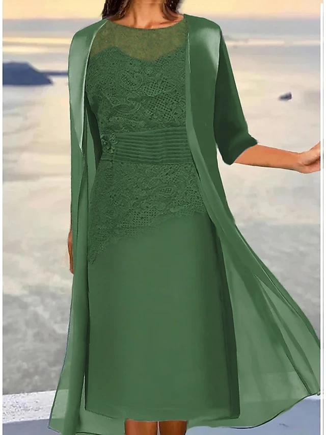 Women's Lace Dress Dress Set Two Piece Dress Midi Dress Dusty Blue Green 3/4 Length Sleeve Pure Color Lace Up Summer Spring Fall Crew Neck Elegant Party Wedding Guest 2023 S M L XL 2XL 3XL 6 Women's Lace Dress Dress Set Two Piece Dress Midi Dress Dusty Blue Green 3/4 Length Sleeve Pure Color Lace Up Summer Spring Fall Crew Neck Elegant Party Wedding Guest 2023 S M L XL 2XL 3XL - Image 4
