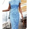 Women‘s Lace Dress Sheath Dress Midi Dress Blue Short Sleeve Solid Color Lace Spring Summer Round Neck Classic & Timeless Party 2023 S M L XL