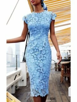Women‘s Lace Dress Sheath Dress Midi Dress Blue Short Sleeve Solid Color Lace Spring Summer Round Neck Classic & Timeless Party 2023 S M L XL