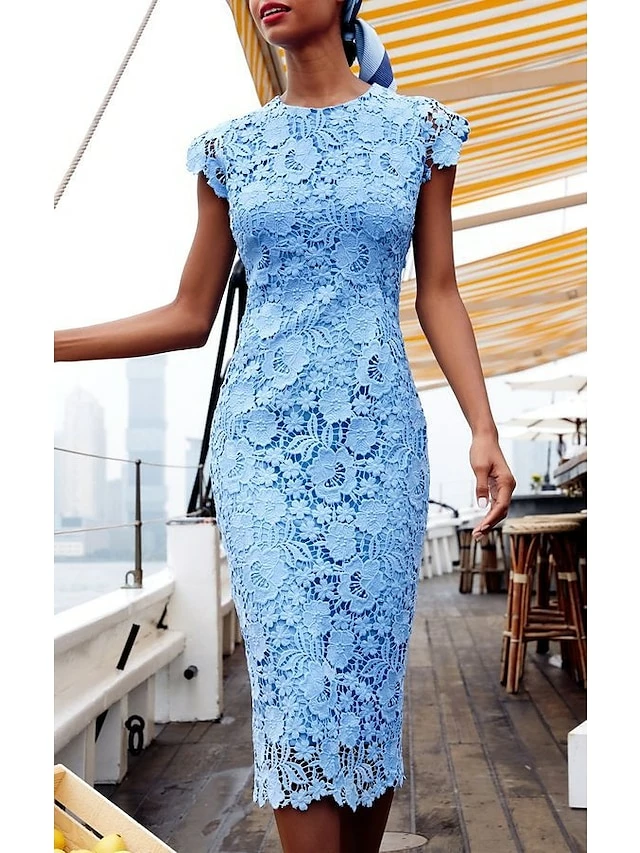 Women‘s Lace Dress Sheath Dress Midi Dress Blue Short Sleeve Solid Color Lace Spring Summer Round Neck Classic & Timeless Party 2023 S M L XL 3 Women‘s Lace Dress Sheath Dress Midi Dress Blue Short Sleeve Solid Color Lace Spring Summer Round Neck Classic & Timeless Party 2023 S M L XL