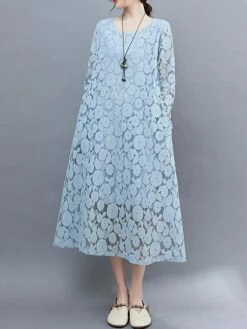 Women's Work Dress Lace Dress Black Dress Fashion Midi Dress Lace Pocket Crew Neck Long Sleeve Plain Loose Fit Black White Pink Fall M L XL XXL 3XL -LIGHTINTHEBOX Shop bwnklp1693281257881