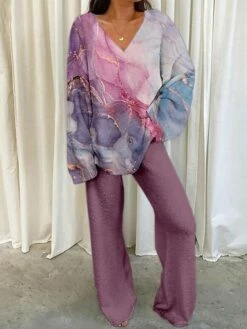 Women's Shirt Pants Sets Pink Graphic Abstract Print Long Sleeve Casual Daily Fashion V Neck Regular Fit Spring &Fall