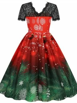 Women's Christmas Swing Dress Vintage DressKnee Length Dress Green Wine Dark Green Fuchsia Red Black Short Sleeve Santa Claus Snowman Snowflake Lace Print Fall Winter V Neck Vacation Vintage 2022 S -LIGHTINTHEBOX Shop bwolvp1665293363638