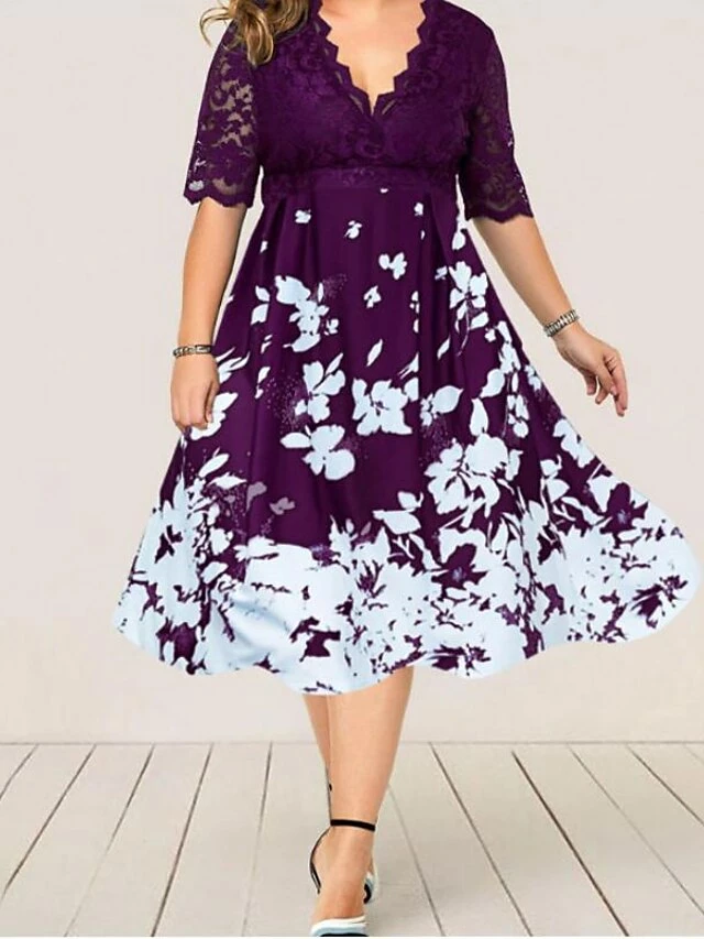 Women‘s Plus Size Curve Party Dress Floral V Neck Lace Half Sleeve Fall Spring Work Vintage Midi Dress Daily Vacation Dress Homecoming Dress Print 7 Women‘s Plus Size Curve Party Dress Floral V Neck Lace Half Sleeve Fall Spring Work Vintage Midi Dress Daily Vacation Dress Homecoming Dress Print - Image 5