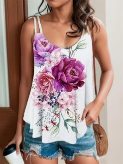 Women's Tank Top Camisole White Pink Blue Floral Print Sleeveless Casual Holiday Basic U Neck Regular Fit Floral