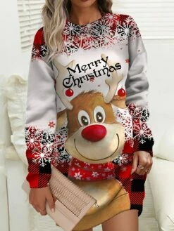 Women‘s Christmas Casual Dress Sweatshirt Dress Mini Dress Warm Fashion Outdoor Holiday Crew Neck Print Animal Tree Loose Fit White Red Burgundy S M L XL XXL -LIGHTINTHEBOX Shop bxhpcr1694157707856