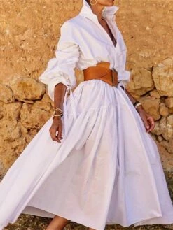 Women's Shirt Dress Casual Dress Swing Dress Maxi Long Dress Outdoor Daily Polyester Fashion Casual Shirt Collar Lace Up Button Long Sleeve Summer Spring Fall 2023 Regular Fit Black White Pink Pure