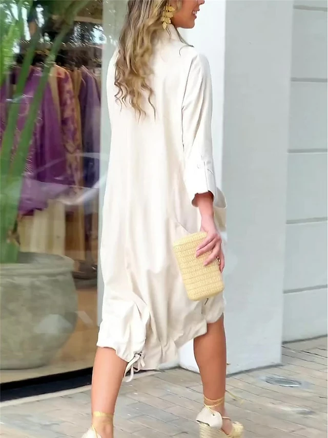 Women's Shirt Dress Casual Dress Shift Dress Midi Dress Outdoor Office Business Polyester Basic Modern Shirt Collar Button Pocket 3/4 Length Sleeve Summer Spring Fall 2023 Loose Fit White Plain S M L 9 Women's Shirt Dress Casual Dress Shift Dress Midi Dress Outdoor Office Business Polyester Basic Modern Shirt Collar Button Pocket 3/4 Length Sleeve Summer Spring Fall 2023 Loose Fit White Plain S M L - Image 7