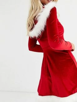 Women's Christmas Swing Dress Vintage Dress Red Dress Mini Dress Red Long Sleeve Pure Color Faux Fur Trim Winter Fall Autumn V Neck Fashion Daily Date 2022 S M L XL XXL -LIGHTINTHEBOX Shop bybymh1667798561080