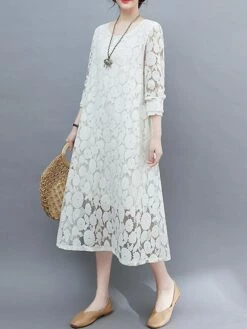 Women's Work Dress Lace Dress Black Dress Fashion Midi Dress Lace Pocket Crew Neck Long Sleeve Plain Loose Fit Black White Pink Fall M L XL XXL 3XL -LIGHTINTHEBOX Shop byvcba1693281254075