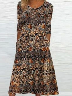 Women's Casual Dress Ethnic Dress Shift Dress Midi Dress Yellow Navy Blue 3/4 Length Sleeve Floral Ruched Summer Spring Crew Neck Fashion 2023 S M L XL XXL 3XL 4XL 5XL