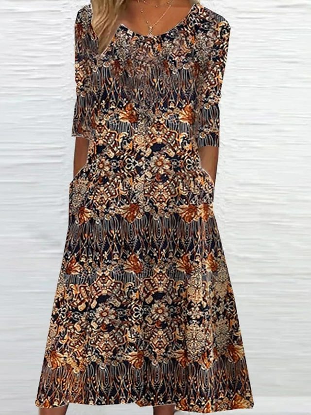 Women's Casual Dress Ethnic Dress Shift Dress Midi Dress Yellow Navy Blue 3/4 Length Sleeve Floral Ruched Summer Spring Crew Neck Fashion 2023 S M L XL XXL 3XL 4XL 5XL 3 Women's Casual Dress Ethnic Dress Shift Dress Midi Dress Yellow Navy Blue 3/4 Length Sleeve Floral Ruched Summer Spring Crew Neck Fashion 2023 S M L XL XXL 3XL 4XL 5XL