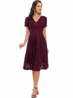 Women's Party Dress Lace Dress Homecoming Dress Midi Dress Black Pink Wine Short Sleeve Pure Color Lace Summer Spring Fall V Neck Fashion Evening Party Wedding Guest Fall Dress 2023 S M L XL -LIGHTINTHEBOX Shop cabygy1678263195645