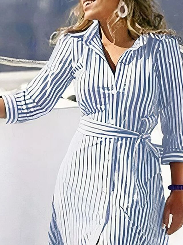 Women's Casual Dress Print Dress Stripe Lace Up Button Shirt Collar Long Dress Maxi Dress Active Fashion Outdoor Work 3/4 Length Sleeve Loose Fit Black Blue Summer Spring S M L XL XXL 7 Women's Casual Dress Print Dress Stripe Lace Up Button Shirt Collar Long Dress Maxi Dress Active Fashion Outdoor Work 3/4 Length Sleeve Loose Fit Black Blue Summer Spring S M L XL XXL - Image 5
