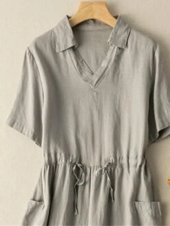 Women's Casual Dress Cotton Linen Dress A Line Dress Midi Dress Cotton Blend Basic Casual Outdoor Vacation Shirt Collar Pocket Short Sleeve Summer Spring 2023 Regular Fit Red Green Gray Plain M L XL -LIGHTINTHEBOX Shop cassdl1682673451946