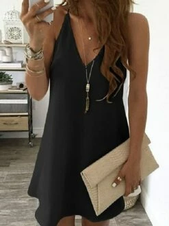 Women's Strap Dress Midi Dress Black White Yellow Sleeveless Pure Color Cold Shoulder Summer Spring V Neck Casual Slim 2023 S M L XL XXL