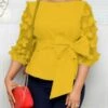 Women's Shirt Blouse Solid Color Lace Bow 3/4 Length Sleeve Work Daily Vintage Fashion Elegant Crew Neck Regular Fit Spring Fall
