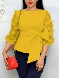 Women's Shirt Blouse Solid Color Lace Bow 3/4 Length Sleeve Work Daily Vintage Fashion Elegant Crew Neck Regular Fit Spring Fall