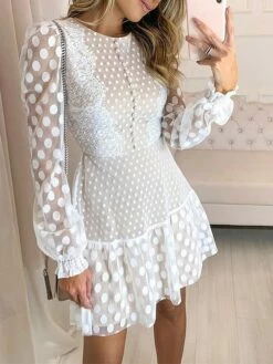 Women's Party Dress Lace Dress Wedding Guest Dress Mini Dress White Long Sleeve Polka Dot Lace Spring Fall Winter Crew Neck Fashion Birthday Wedding Guest Vacation 2023 S M L XL XXL