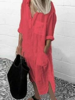 Women‘s Casual Dress Cotton Dress Shirt Dress Swing Dress Midi Dress Blue Yellow Red Long Sleeve Pure Color Pocket Summer Fall Spring Shirt Collar Basic Daily Weekend Loose Fit 2023 S M L XL XXL 3XL -LIGHTINTHEBOX Shop ccnpjo1659002283960