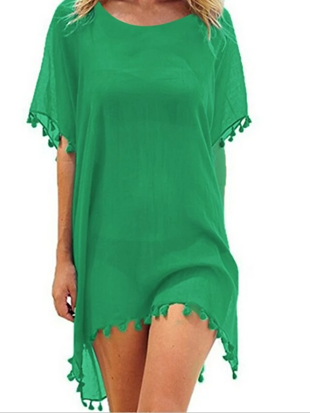 Women's Swimwear Cover Up Beach Dress Normal Swimsuit Tassel Pure Color Green White Gray Rosy Pink Wine V Wire Bathing Suits New Vacation Fashion /y / Modern 4 Women's Swimwear Cover Up Beach Dress Normal Swimsuit Tassel Pure Color Green White Gray Rosy Pink Wine V Wire Bathing Suits New Vacation Fashion /y / Modern - Image 2