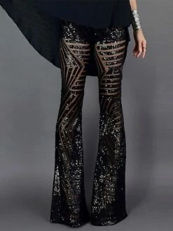 Women's Bootcut Bell Bottom Pants Trousers Full Length Sequins Micro-elastic High Waist Fashion Streetwear Party Street Silver Black Gold S M Summer Fall -LIGHTINTHEBOX Shop cdtkew1693295364086