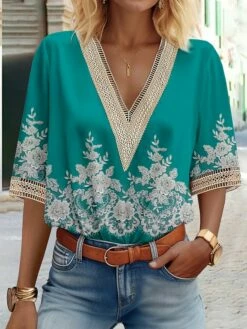 Women's Shirt Blouse Red Blue Purple Floral Lace Trims Print 3/4 Length Sleeve Casual Fashion Daily Basic V Neck Regular Fit Floral Fall & Winter