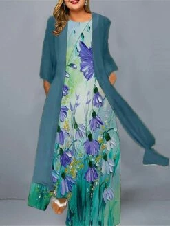 Women‘s Plus Size Curve Casual Dress Dress Set Two Piece Dress Floral Long Dress Maxi Dress 3/4 Length Sleeve Print Crew Neck Fashion Daily Purple Green Spring Summer L XL XXL 3XL 4XL