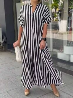 Women's Long Dress Maxi Dress Casual Dress Summer Dress Print Dress Graphic Leaf Striped Fashion Streetwear Outdoor Daily Vacation Split Print Short Sleeve V Neck Dress Loose Fit Black White Red -LIGHTINTHEBOX Shop cevucz1681107701541