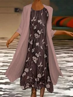 Women's Two Piece Dress Set Casual Dress Chiffon Dress Outdoor Daily Fashion Casual Print Maxi Dress Crew Neck 3/4 Length Sleeve Floral Loose Fit Pink Blue Summer Spring S M L XL XXL -LIGHTINTHEBOX Shop cexjgh1697450527078