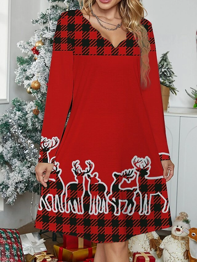 Women's Work Dress Casual Dress Fashion Winter Dress Christmas Daily Mini Dress Print V Neck Long Sleeve Plaid Elk Regular Fit White Wine Red Fall Winter S M L XL XXL 6 Women's Work Dress Casual Dress Fashion Winter Dress Christmas Daily Mini Dress Print V Neck Long Sleeve Plaid Elk Regular Fit White Wine Red Fall Winter S M L XL XXL - Image 4