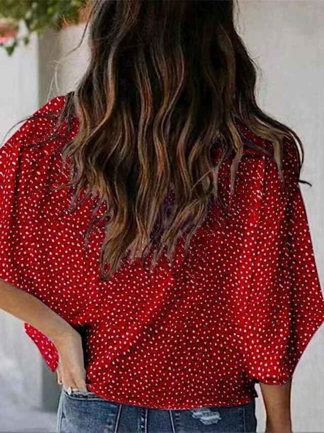 Women's Shirt Blouse Red Polka Dot Print 3/4 Length Sleeve Casual Streetwear V Neck Loose Fit 4 Women's Shirt Blouse Red Polka Dot Print 3/4 Length Sleeve Casual Streetwear V Neck Loose Fit - Image 2