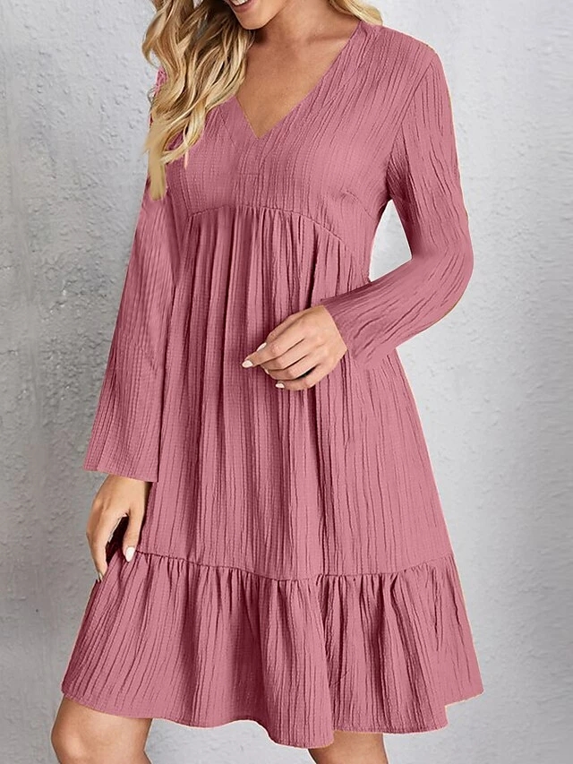 Women's Casual Dress Plain Dress Midi Dress Ruched Outdoor Street Daily Fashion Streetwear V Neck Long Sleeve 2023 Regular Fit Black Pink Red Color S M L XL XXL Size 4 Women's Casual Dress Plain Dress Midi Dress Ruched Outdoor Street Daily Fashion Streetwear V Neck Long Sleeve 2023 Regular Fit Black Pink Red Color S M L XL XXL Size - Image 2